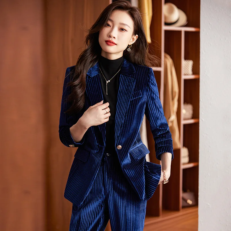 Women\'s 2 Piece Velvet Suit Office Work Suit Notch Lapel Double Breasted Blazer Pants Business Suit Set