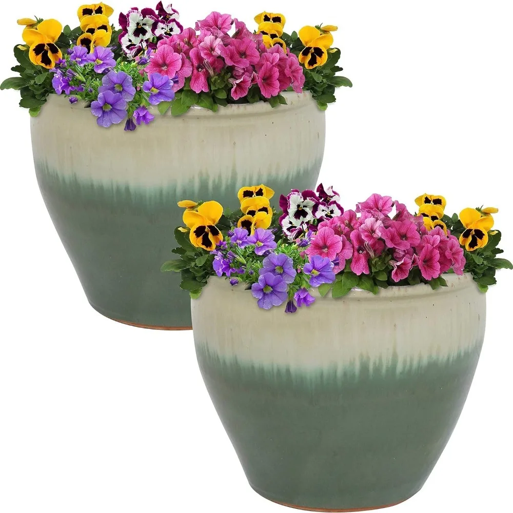 Ceramic Indoor Outdoor Planter Resistant - Seafoam Glaze Finish - 12-Inch - Set of 2 freight free