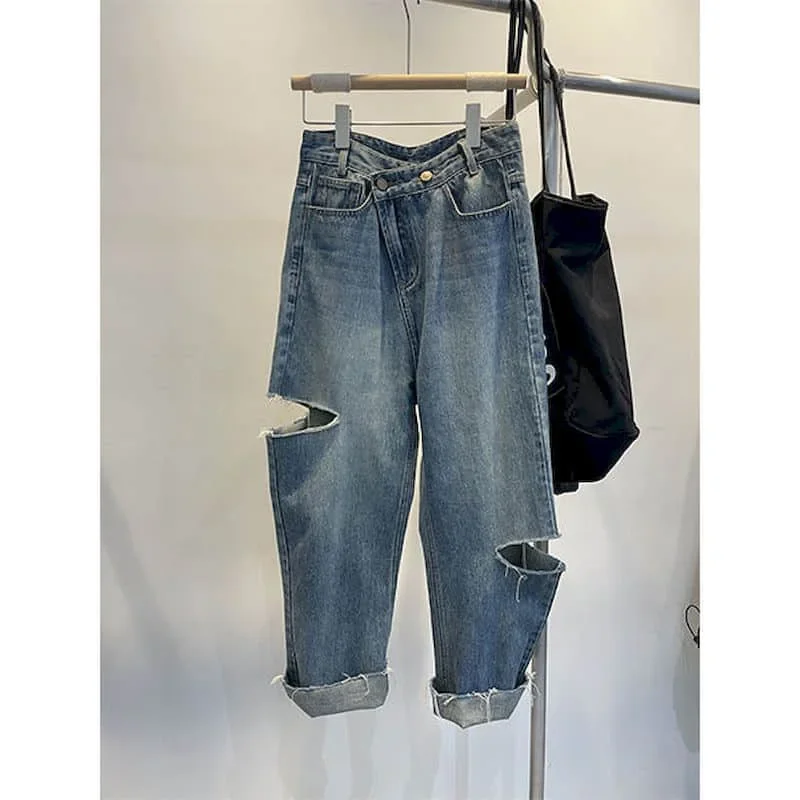 

Oversized Straight Jeans Women Y2k Casual Loose Trousers Streetwesr Women Denim Vintage Clothes Baggy Pants Hole Gothic Pants