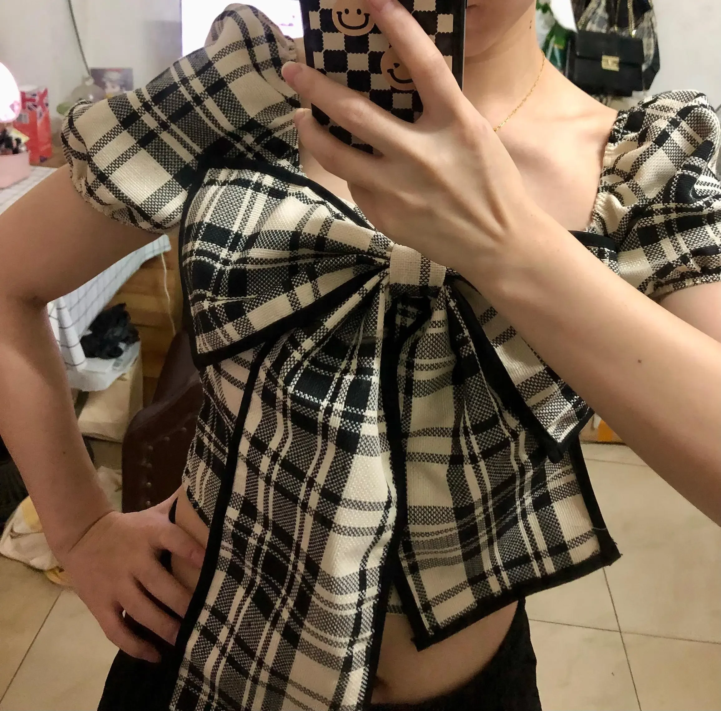 Plaid Blouses Women Y2k Summer Cute Bow Design Vintage Crop Tops College Blusas Mujer Puff Sleeve Slim Fashion Korean Basic Club