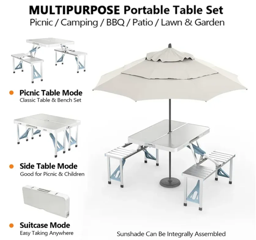 Aluminum Folding Picnic Table with 4 Seats Portable Camping Table with Bench Outdoor Suitcase Chair for BBQ Picnic Hiking