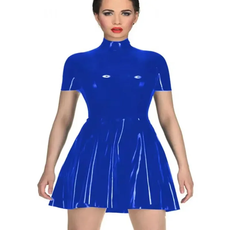 Plus Size Women Mock Neck Mini Dress for Unisex Adult Short Sleeve A-line Pleated Dress Shiny PVC Leather Casual Fashion Wear