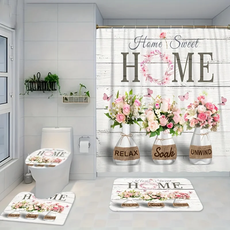 1pc/3pcs/4pcs White Wood Grain Letter Style Pink Flowers Bathroom Including Shower Curtain Three- Four-piece Set