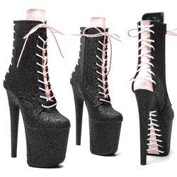 Leecabe 20CM/8 pollici nero con Glitter rosa superiore moda e tendenze tacco alto piattaforma Pole Dance boot