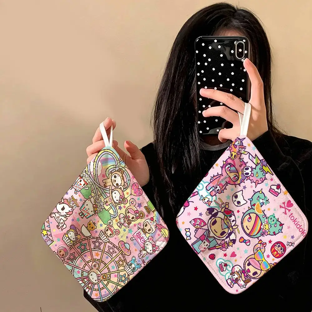 Cartoon T-Tokidoki Polyester Cotton Hand Wiping Towel, Anti-shrink Hanging Kitchen Cloth for Household Cleaning