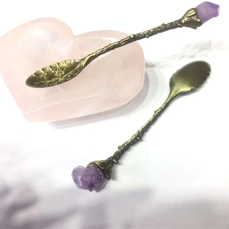 Quartz Crystal Natural Stones Amethyst Cluster Retro Pattern Alloy Small Spoon Coffee Cake Stirring For Honey Reiki Decoration