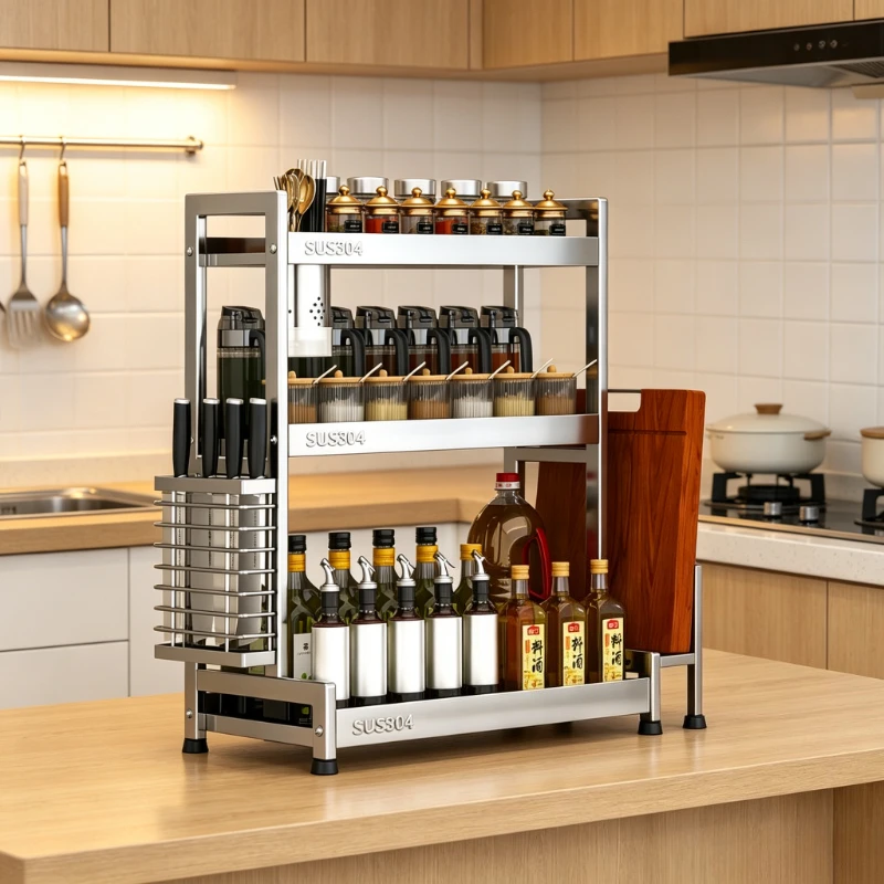 304 Stainless Steel Kitchen Spice Rack, Multifunctional Countertop Organizer with Knife Holder & Sauce Bottle Storage Shelf Use