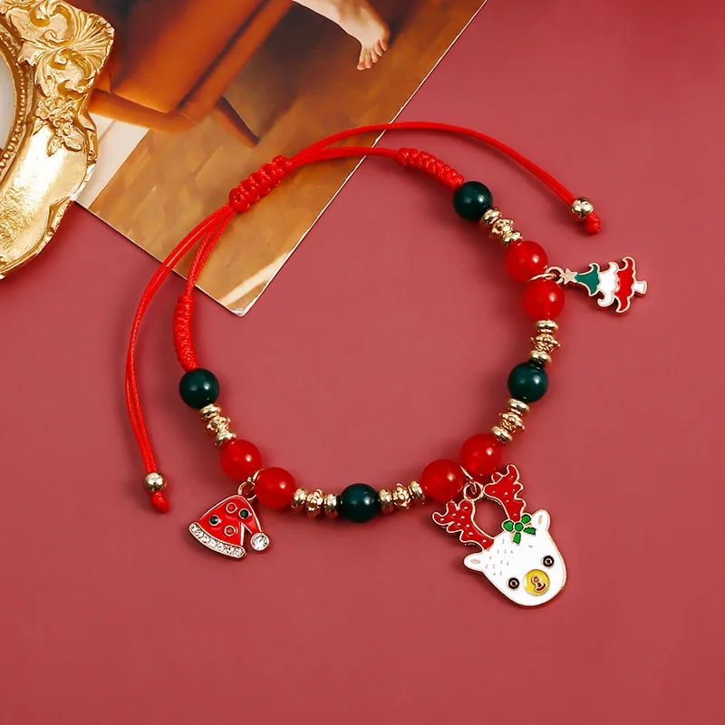 Fashion Handmade Red Agate Bead Christmas Set Bracelet New Jewelry for Women Simple Snowman Elk Bell Santa Charm Bangle Gifts