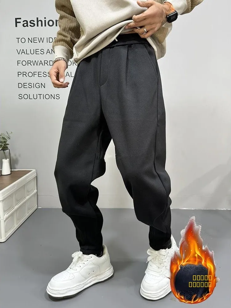 

Men's Casual Thiened Fce Lined Straight Leg Woolen Pants Autumn Winter New Sle Bla Ele Sli Leisure Trousers