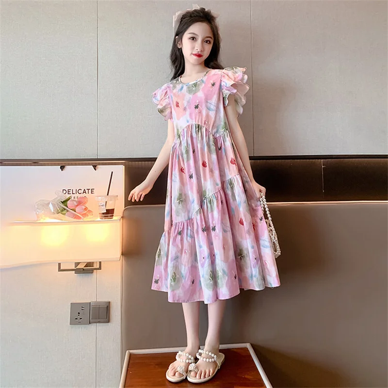 Girls Summer Dress 2024 New CuHK children Korean children\'s Western style floral dress 6-12 years old 15 years old