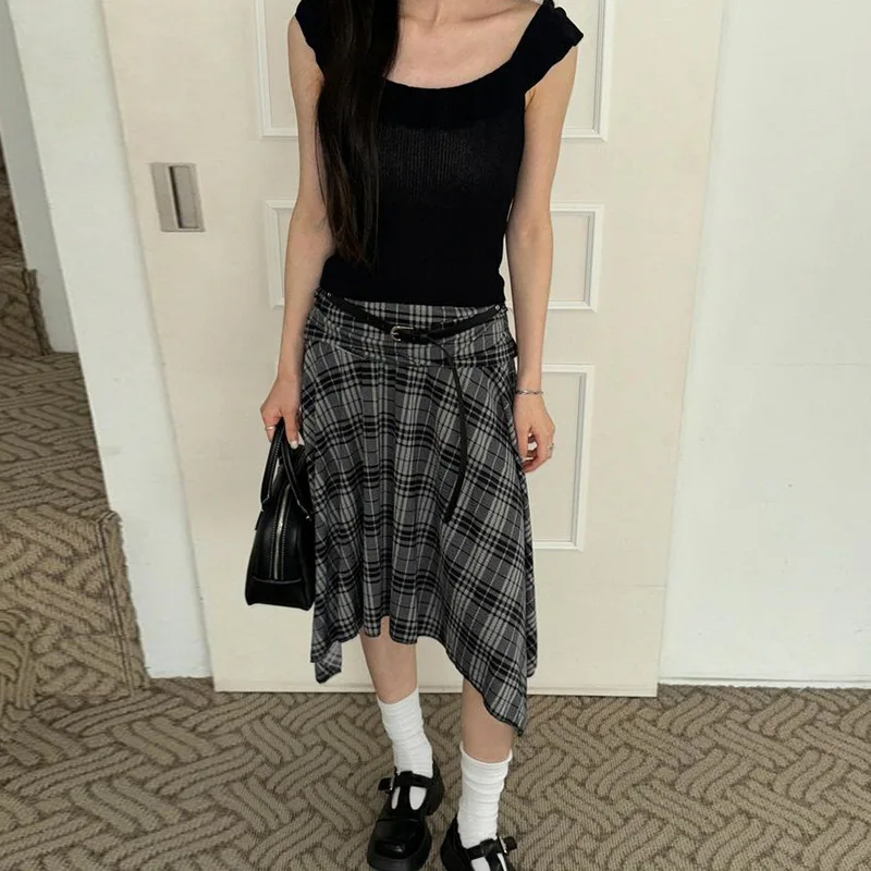 

American Retro Contrast Color Check Irregular Skirt for Women 2025 New Pleated High Waist Slimming A- line Midi Skirt sweetstyle