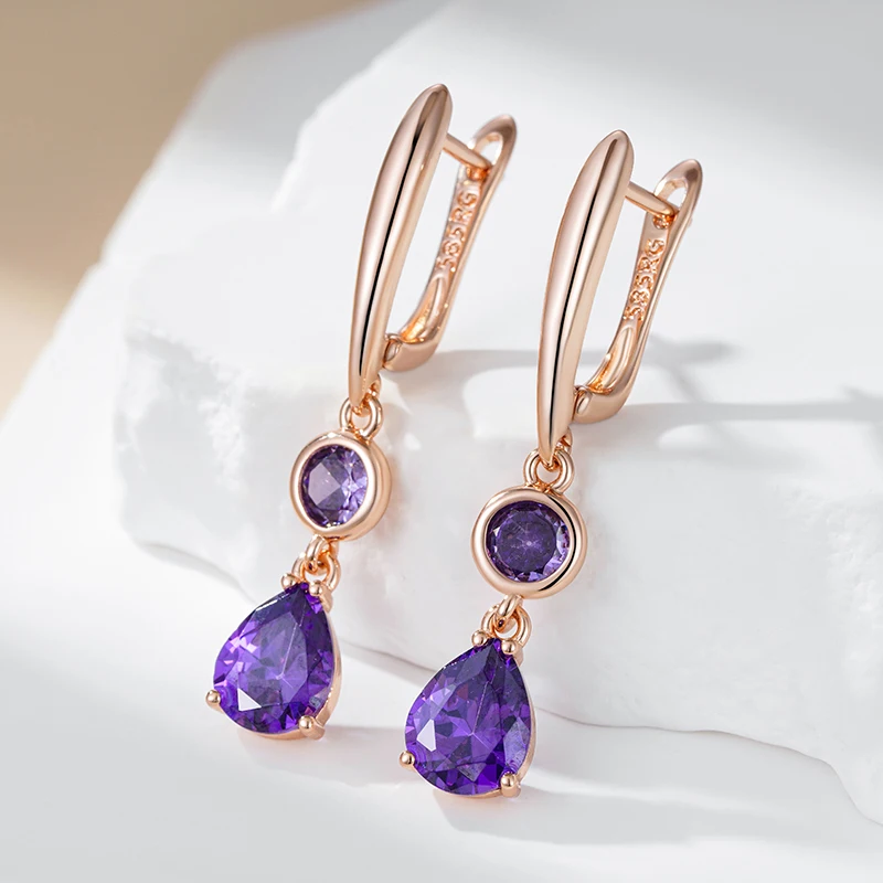 Kinel Hot Shiny Purple Natural Zircon Long Dangle Earrings for Women 585 Rose Gold Color Vintage Ethnic Bride Daily Fine Jewelry