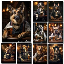 Cute Pug German Shepherd Corgi Collie Dog in The Pub Poster Prints Canvas Painting Animal Beer Wall Art Room Home Decor Cuadros