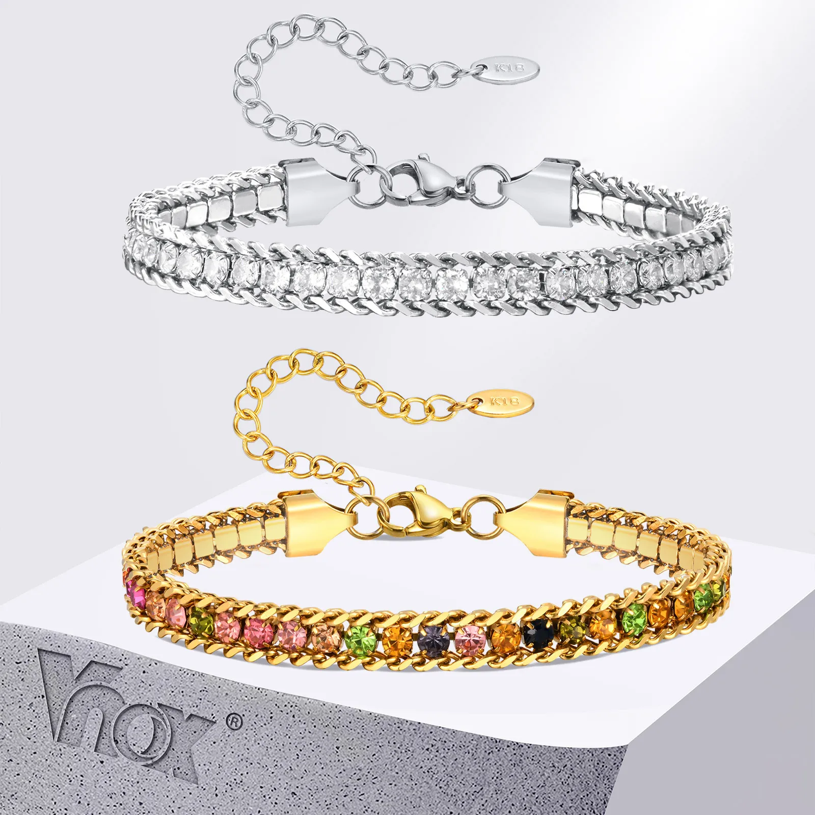Vnox Personality Stitching Tennis Chain Bracelets for Women, Woven Cuban Link Bracelets,Cubic Zirconia Stones Row Bracelets Gift