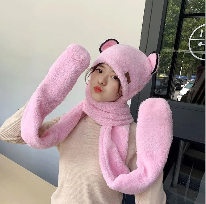 Conjunto de tres piezas de terciopelo Coral para niña, conjunto de guantes de felpa, gorro, bufanda, oso, cálido, lindo, cálido, Otoño e Invierno