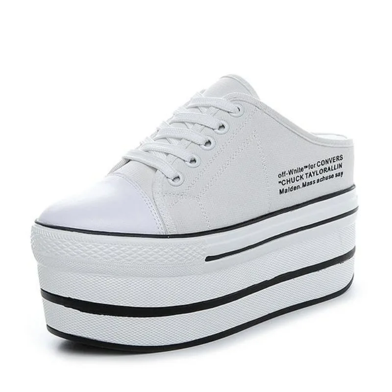 

11 см осенне-летняя повседневная обувь, женские модные дышащие парусиновые весенние женские тапочки с круглой головкой, женская обувь на платформе со шнуровкой