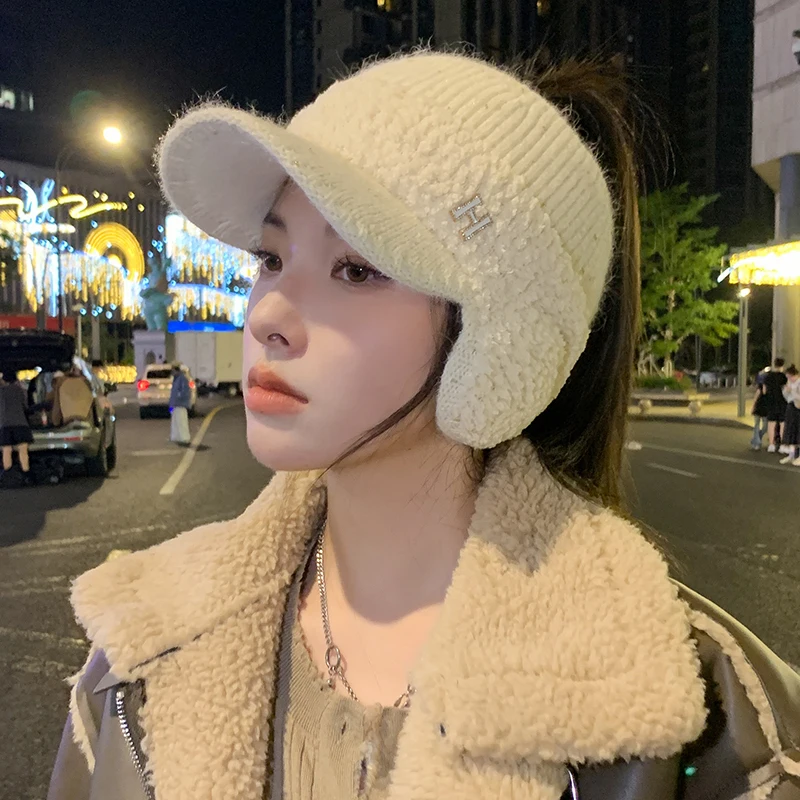 K329-Hat Women\'s Winter Riding Knitted Ear-proof Duck Tongue Hat Fashion Versatile Plush Warm Hollow Top Ear Cap Women\'s Hat