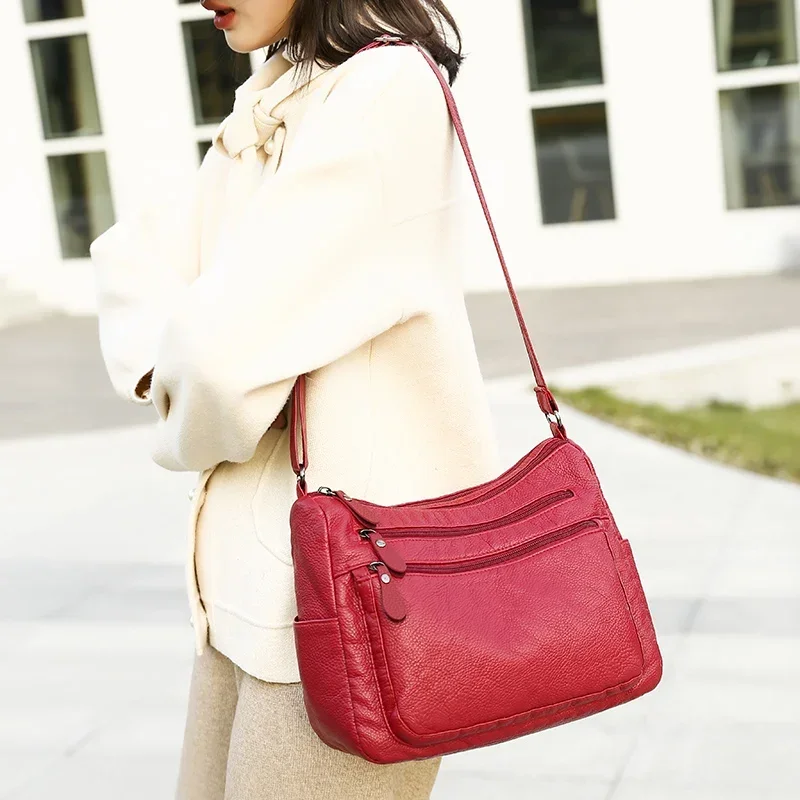 Women Washed Soft Leather Shoulder Bag Casual Crossbody Bag for Female Multi-pocket  Handbag Messenger Bags