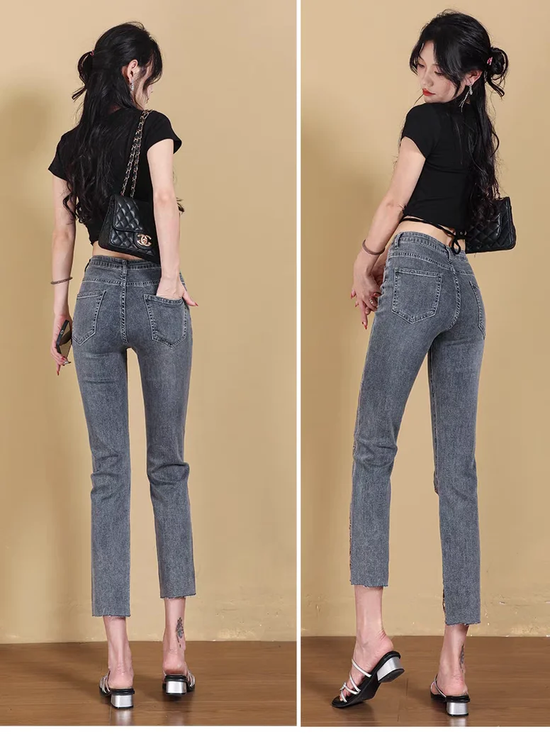 Y2K Denim Jeans Korean Style Women's Pants Straight Leg Elastic Eight Points Brick Pattern Slimming High Waist Hollow Embroidery