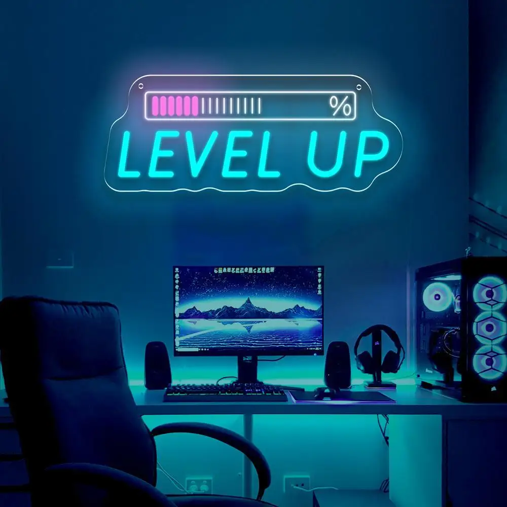 Level Up Neon Sign LED Neon Light USB Dimmable for Gaming Room Party Club Motivational Wall Decor Gamers Gift for Friend