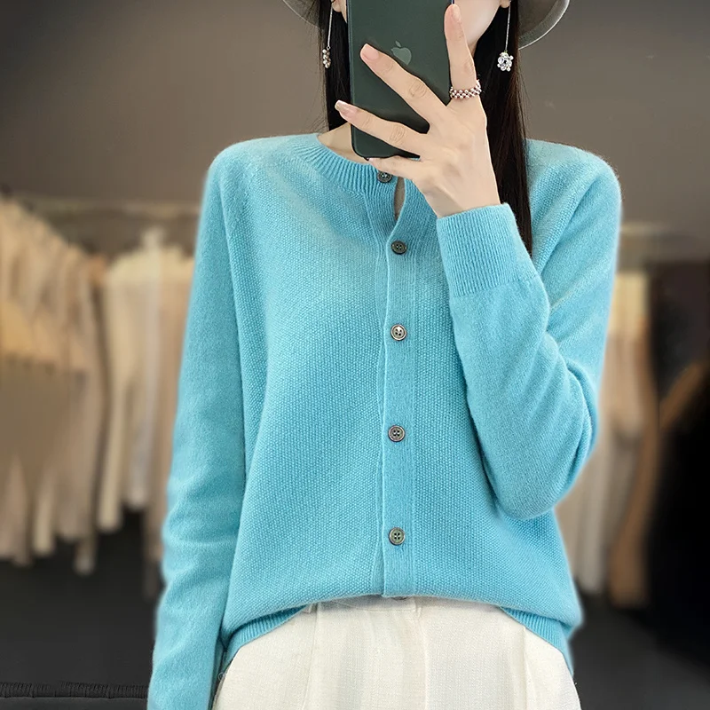 Autumn and winter 100% merino wool long sleeve knitted cashmere sweater ladies knitted O-neck cardigan loose solid color coat