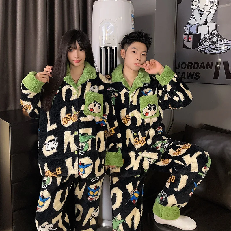 Anime Crayon Shin-Chan Paar Pyjama Set Mannen Vrouw Mode Toevallige Pyjama Dikker Warme Tops Broek Cartoon Flanel thuis Kleding