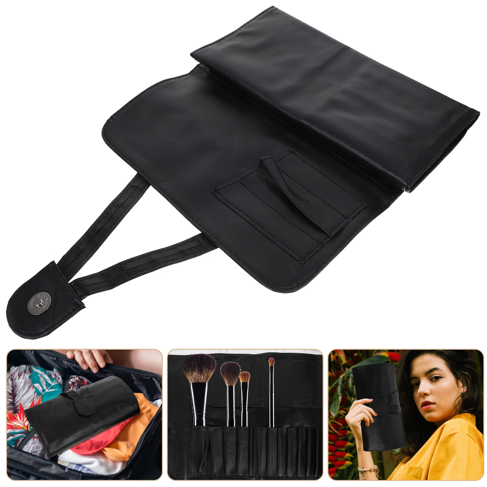 

18 Makeup Cosmetics Tool Holder Storage Bags PU Roll Up Holder Travel Case Black Compatible Brushes Tools ganizer