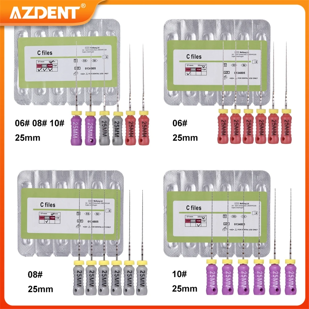 6PCS/Pack AZDENT Dental C Files Endodontics Endo Root Canal File 25mm Hand Use Size 6# 8# 10# Stainless Steel Dentistry Tool