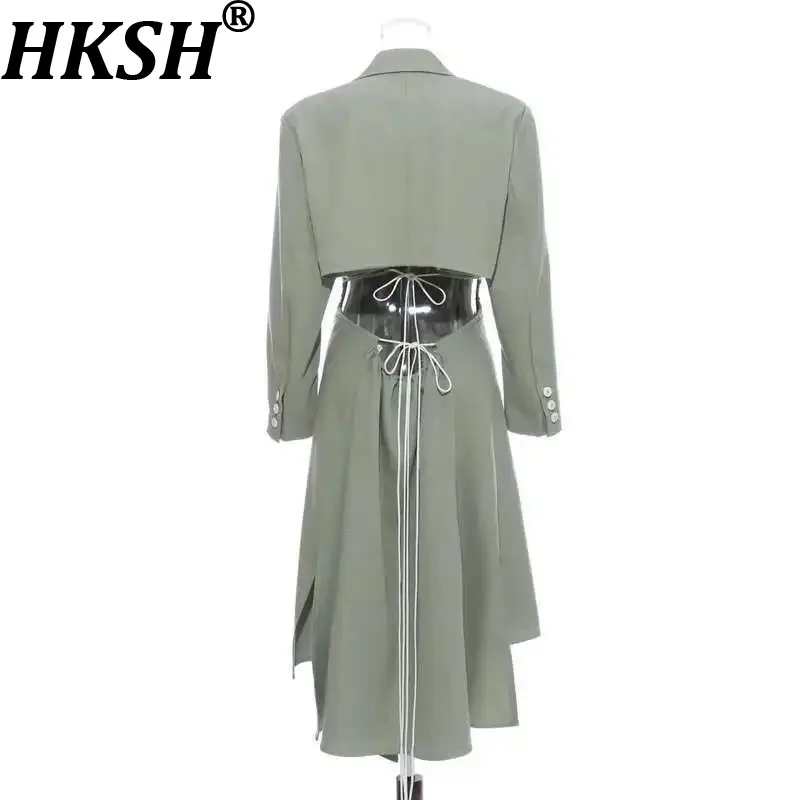 

HKSH Spring Autumn New Women Long Trench Coat Elegant Lace-up Waist Exposed Slim Fit Irregular Hem High Street Windbreaker H2730