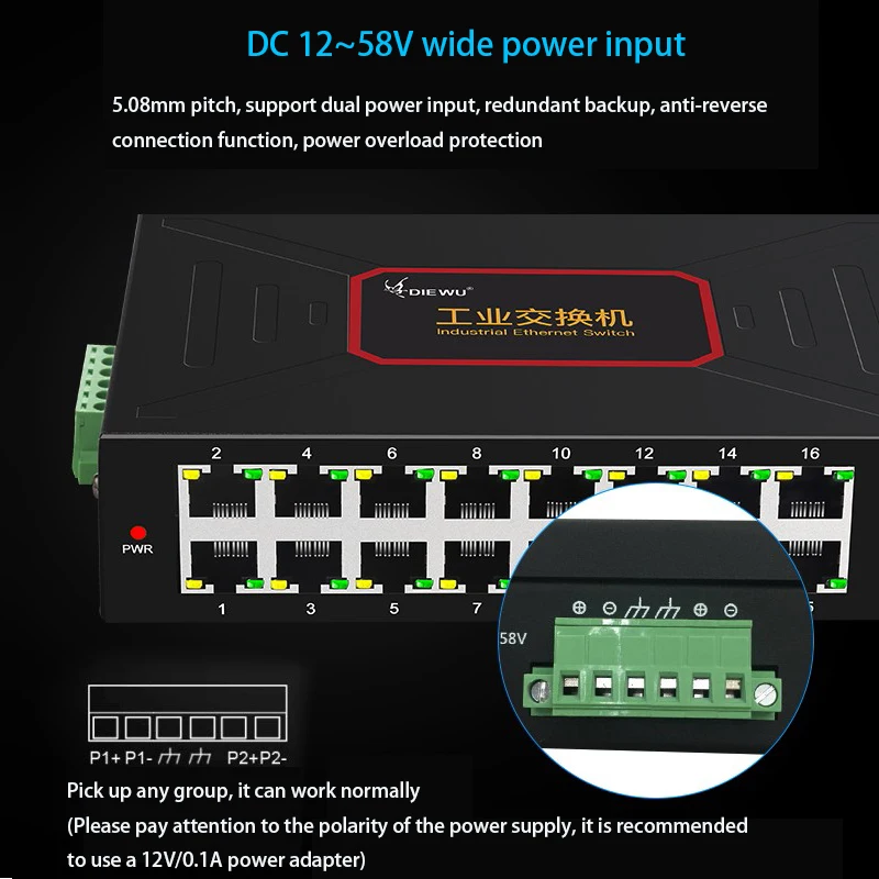 Imagem -02 - Industrial Grade Ethernet Network Switch Hub Rede Cabo Splitter Adaptador Lan 16 Portas 100m Rj45 Lan Extender