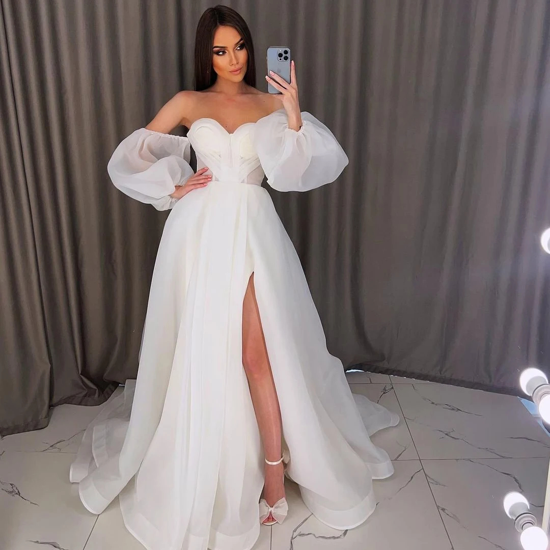 

Eightree Sexy Wedding Dresses White Puff Sleeve Sweetheart Bride Dress High Split A-Line Princess Wedding Evening Gown Plus Size