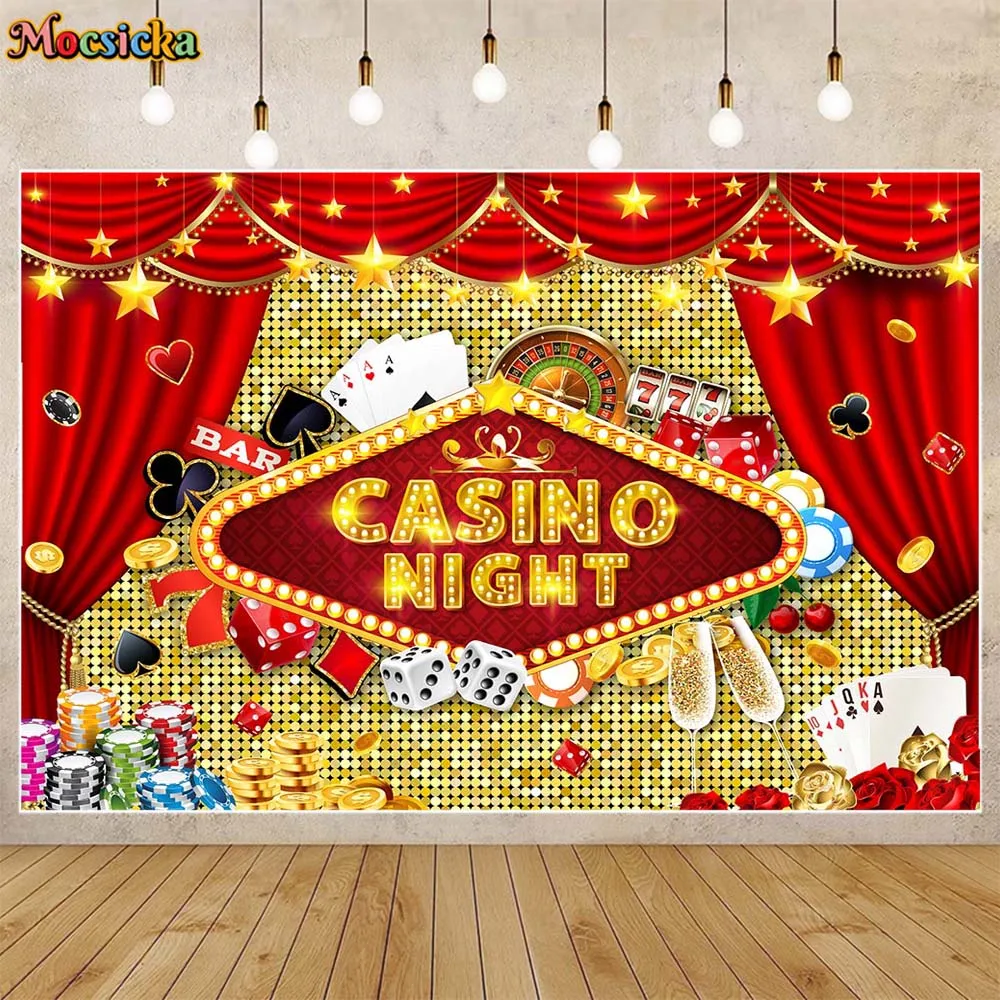 

Mocsicka Casino Night Photography Backdrops Gold Sequin Wall Red Curtain Poker Dice Adult Birthday Party Photo Background Poster