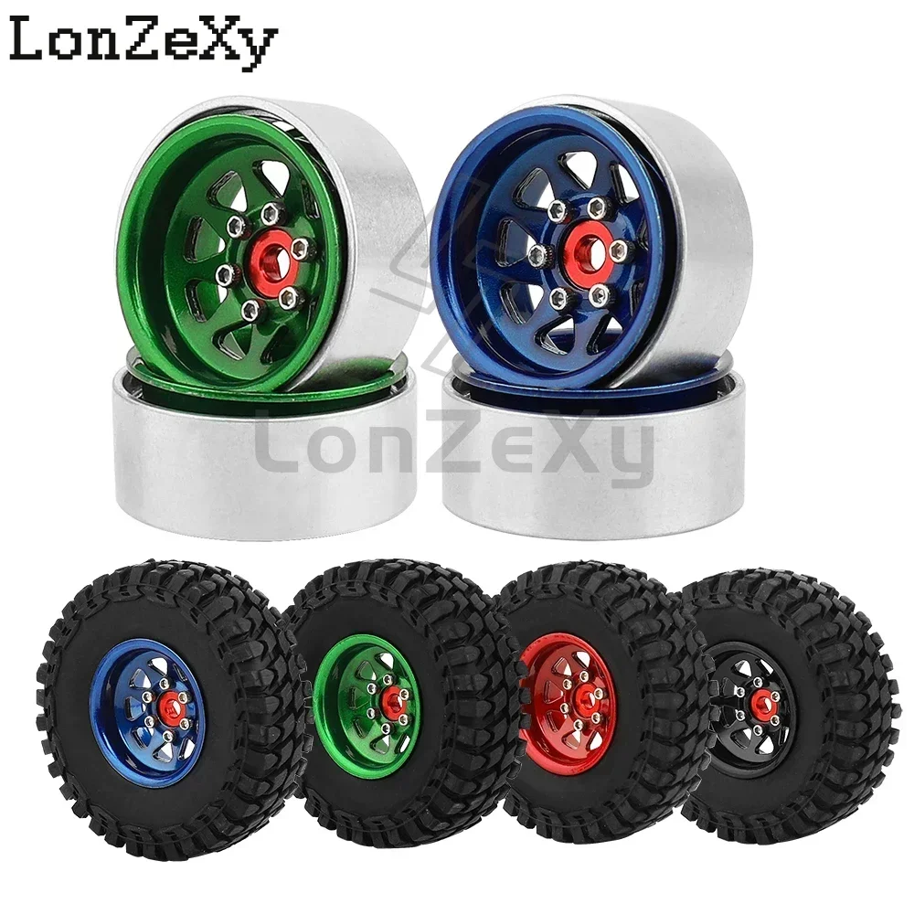 1.0 Inch Aluminum Alloy Beadlock Wheel Hub Rims w/ Tires For RC Crawler Car Axial 1/24 SCX24 AX24 1/18 TRX4M Wheels Upgrade Part