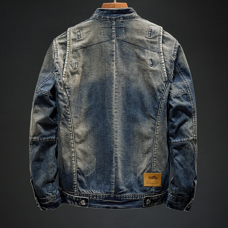 Cappotto in denim con colletto alla coreana retrò per uomo 2024 nuova giacca da moto nostalgica slim fit alla moda retrò lavata