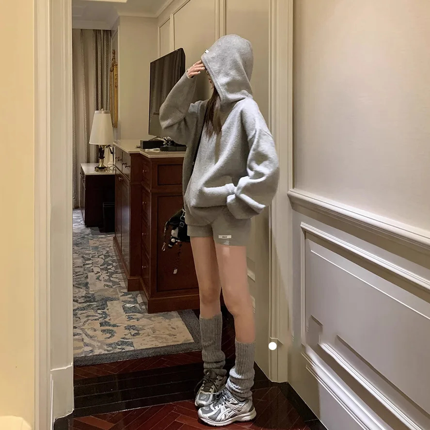 

Autumn Winter Vintage Loose Knit Women's Hoodie Sweatshirt Women Korean Fashion Casual Zip Up Hoodie and Shorts 2-piece Set Y2k