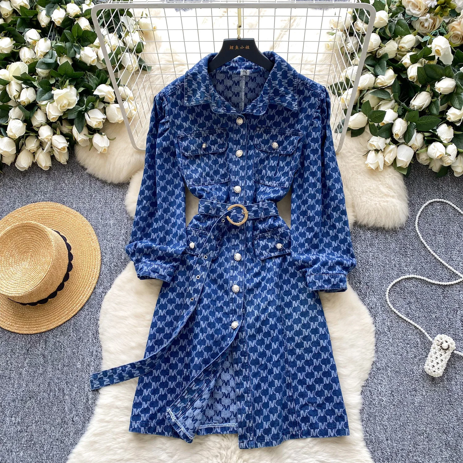 Light And Mature Style Niche Straps Waist Lapel Long-sleeved Denim Dress Women's Autumn Single-breasted Shirt Skirt