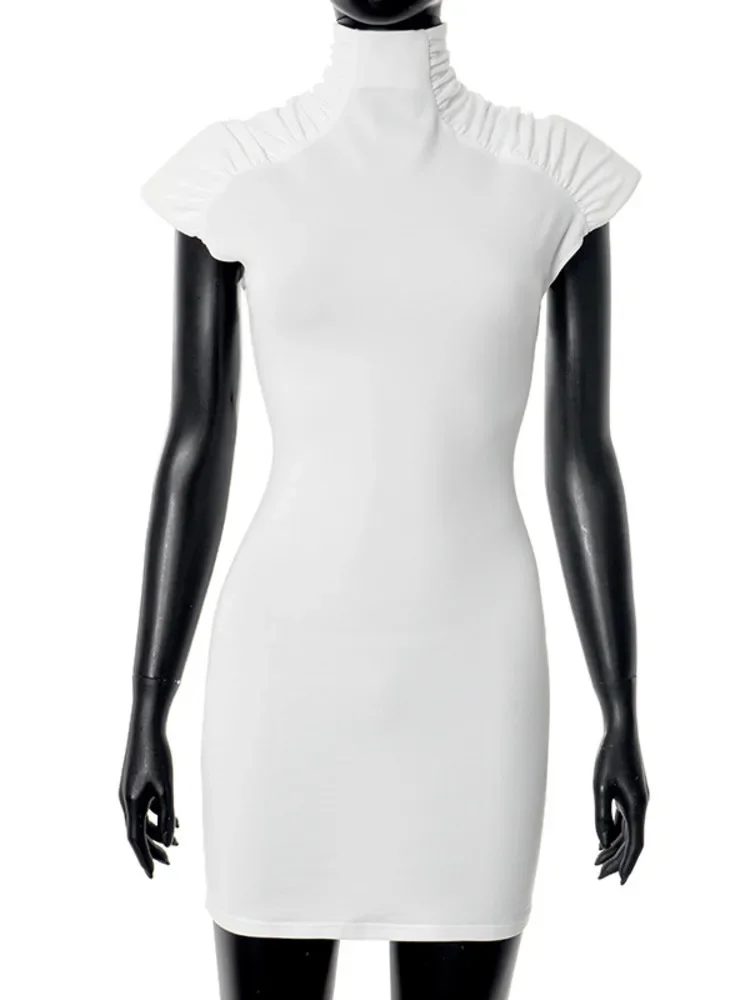 Turtleneck Sleeveless Sexy Mini Dress For Women Fashion Solid Zipper Ruched Bodycon Club Party Tank Dresses Female