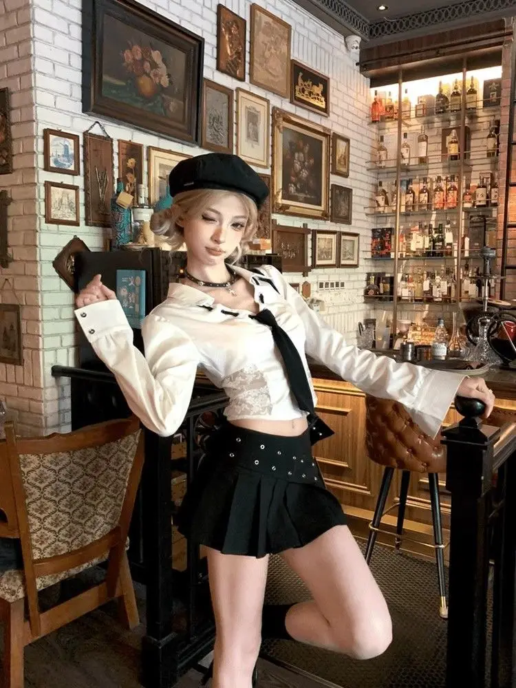 Casual 2 Piece Skirt Sets Women Y2k Crop Top Shirts + Mini Cake Skirts 2000s American Vintage Suits Sexy Slim Clothing Korean