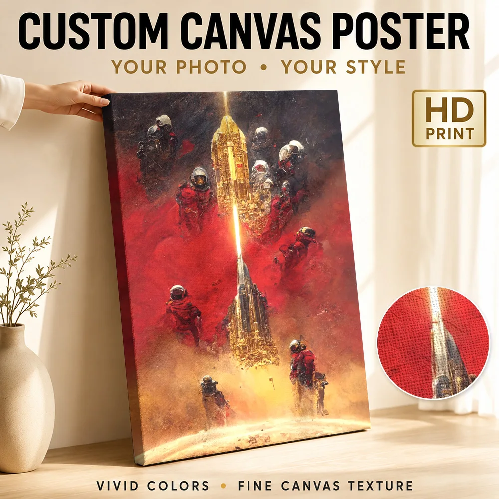 Astronauts And Golden Structure On Planet Framed Canvas Print Poster Custom Photo Modern Aesthetic Wall Art for Bedroom Decor