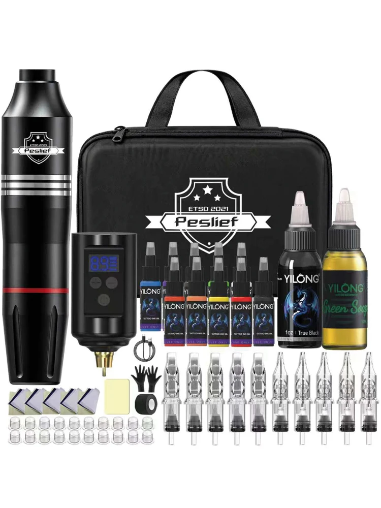 Aluminum Alloy Wireless Tattoo Machine Kit Complete, Rotary Tattoo Gun, 7 Hour Battery Life, Cordless Tattoo Pen, 10 Cartridge Needles-3RL 9RM,10 Ink,Extra 30ML Black Ink Full Tattoo Supply Equipment for Beginners, Body Art Makeup Gift
