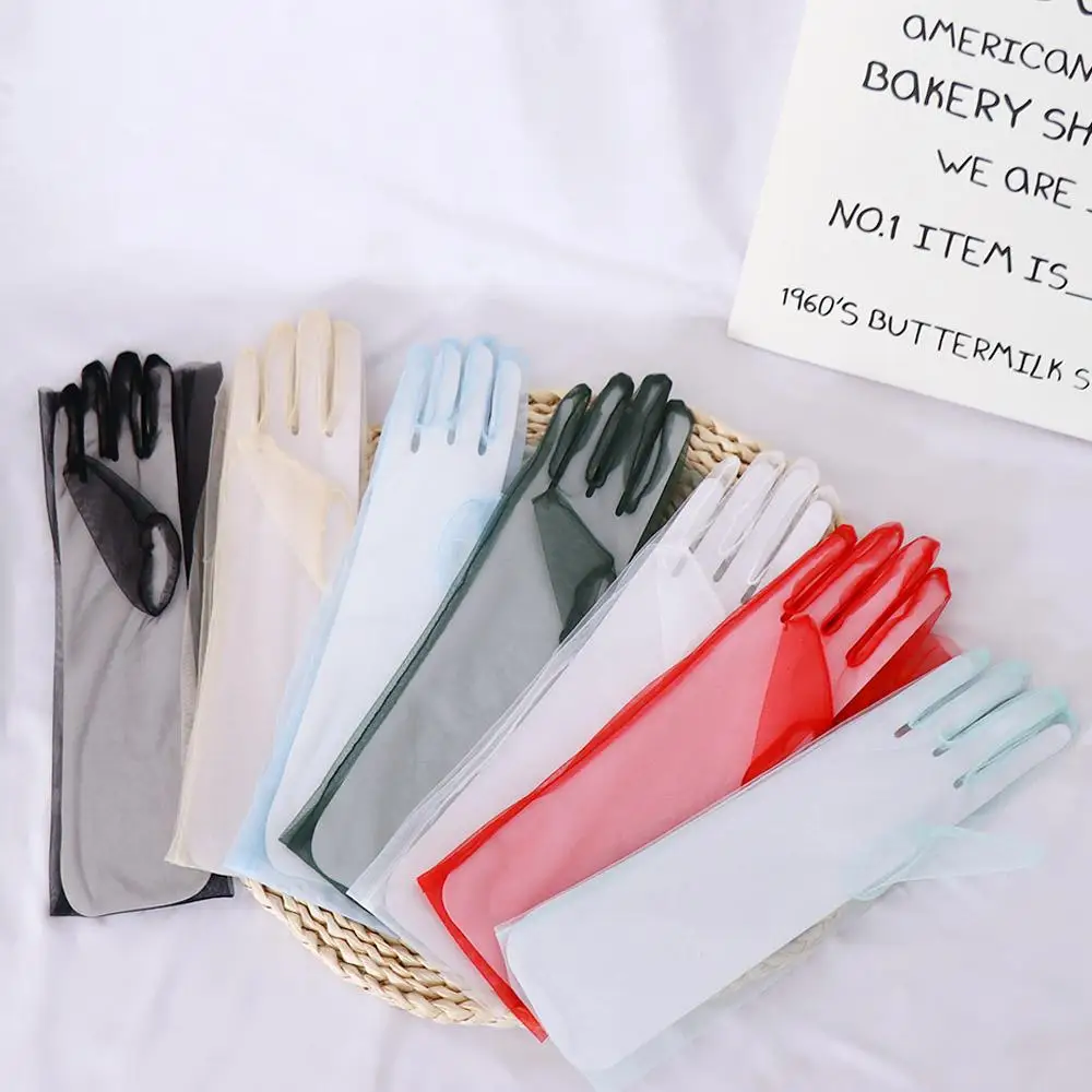 Thin Ultra Long Elbow Full Finger Sheer Tulle Thin Gloves Lace Mitten Five Fingers Mitts Women Gloves
