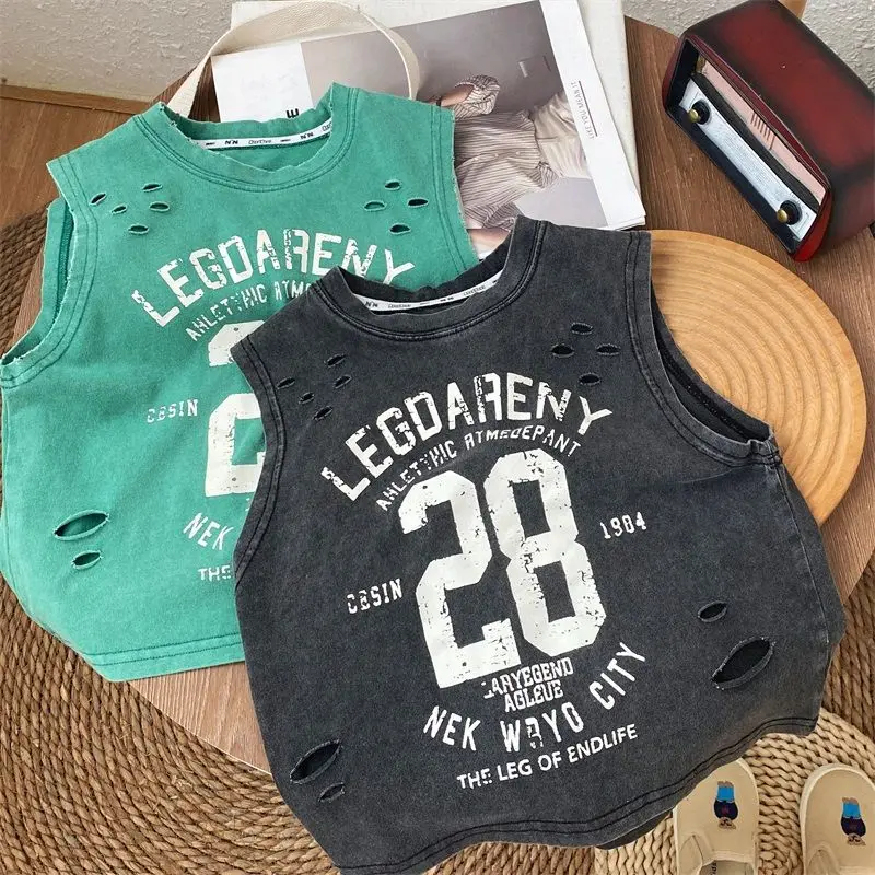 Summer Handsome Boy New Old Black Pure Cotton Sleeveless Ripped T-shirt Loose Korean Baby Vest Top