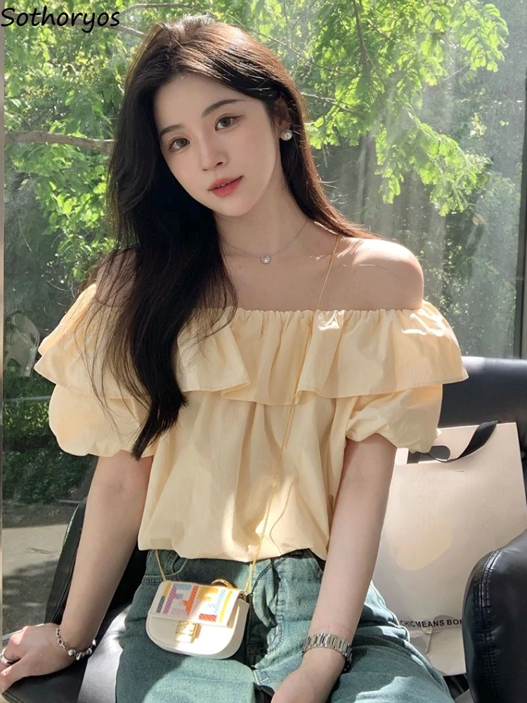 Blouses Women Solid Ruffles Creativity Korean Style Ladies Elegant Age-reducing Prevalent Basic Tender Spring Simple Personality