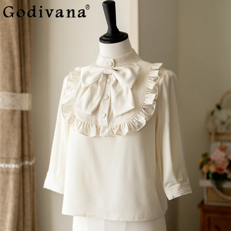 

Japanese Original Bow Ruffles Lolita Shirt Summer Fashion Girly Slim Fit Elegant Casual Blouses Women High Street Print Skirts