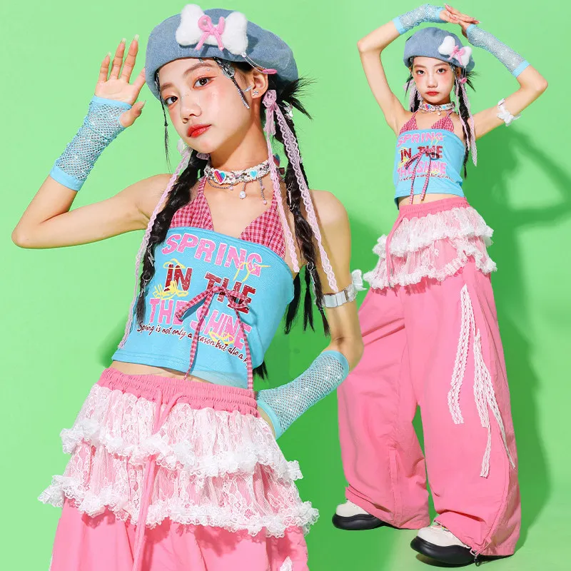 Girl Jazz Dance Costume Kpop Outfit Children Performance Show Stage Wear Summer Blue Vest Silver Sequin Shorts Streetwear