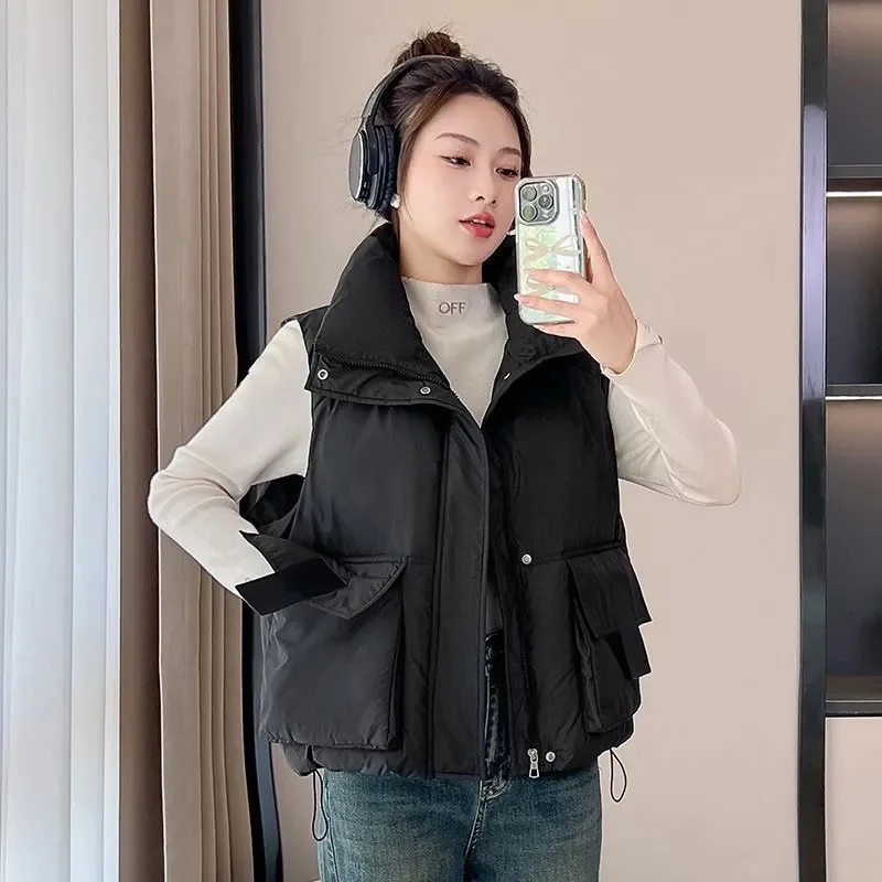 

Winter Down Sleeveless Vest Women Warm Stand Collar Zipper Jacket Casual Fashion Quilted Cropped Coats Street Outerwears