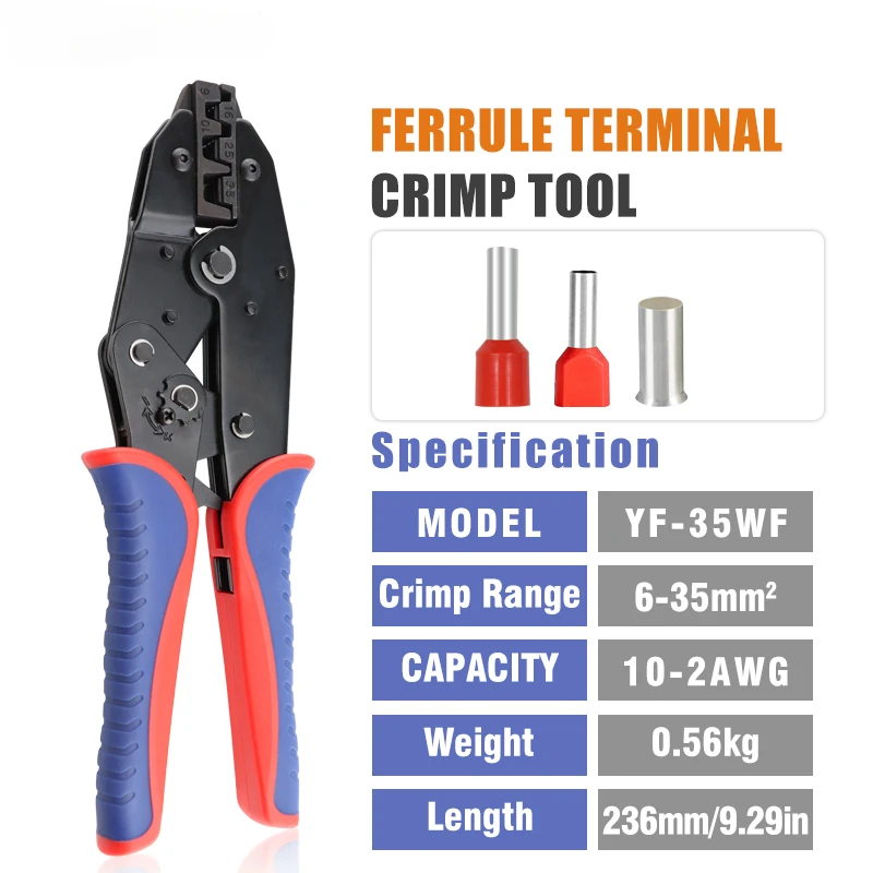 Crimping Tool for Sleeves Ferrule Terminals - Ratcheting Wire Crimpers - AWG 10-2 (6-35mm2) - Ratchet Terminal Crimper YF-35WF