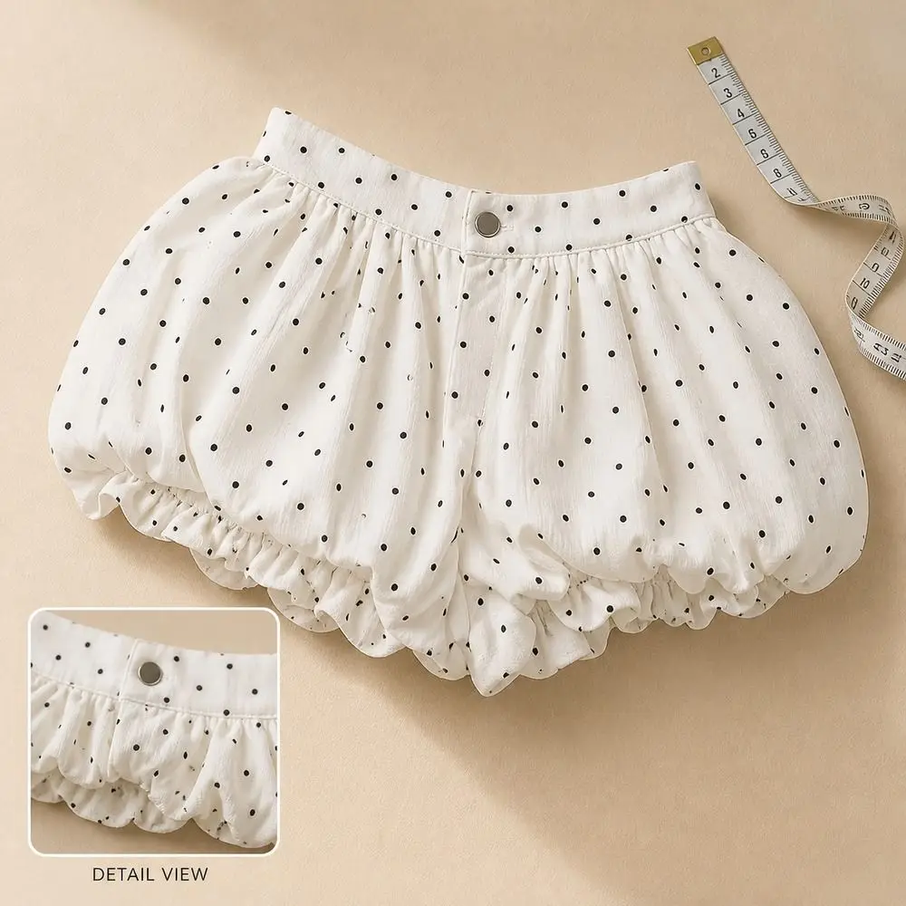 Polka Dot Pattern Polka Dot Bloomers Bubble Silhouette High Waist Pumpkin Shorts Lace Trim Elastic Leg Openings Bubble Shorts