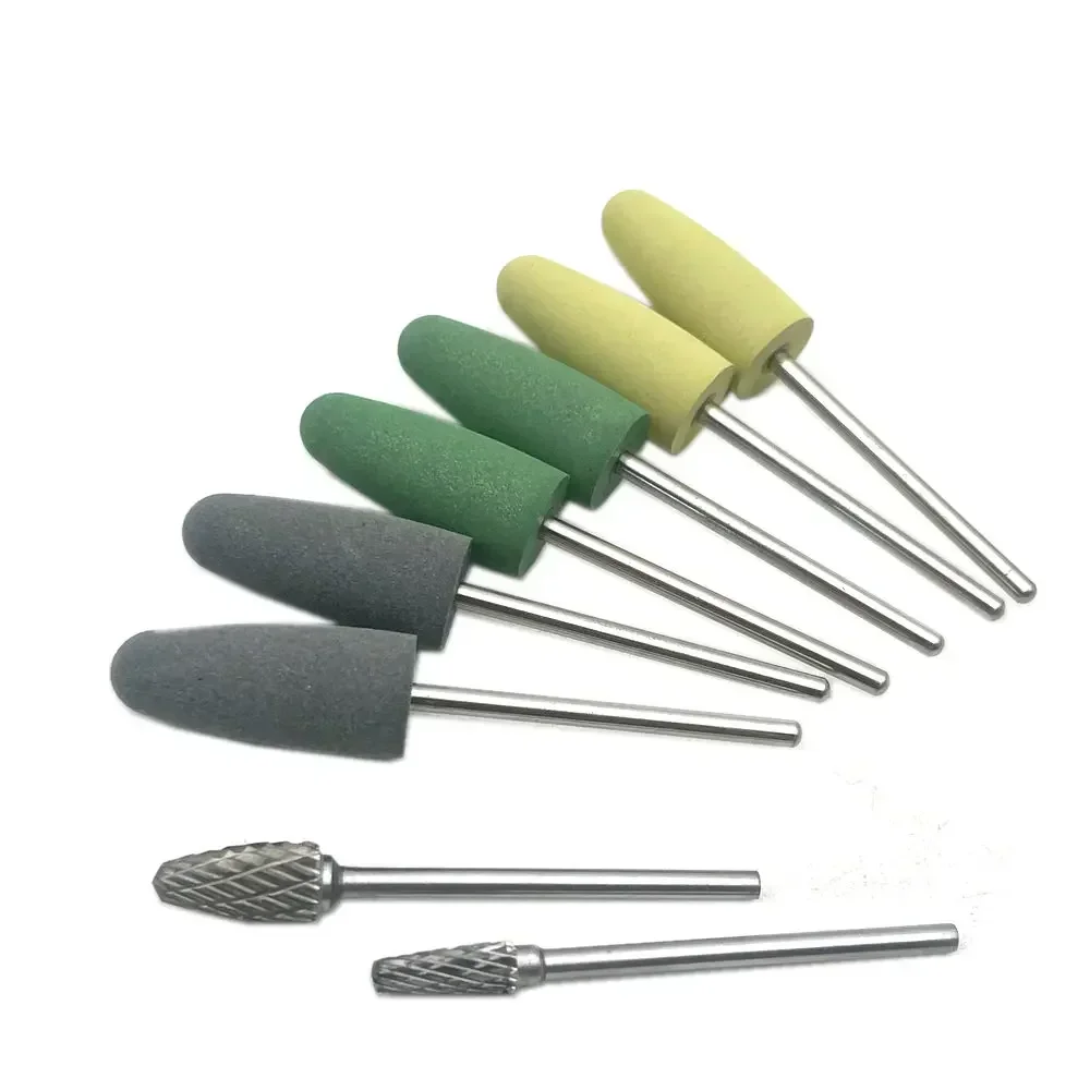 Kit de polimento acrílico com base de resina dentária, polidor de broca, ferramentas rotativas, 6 peças de polimento de borracha de silício + 2 peças de polimento de carboneto de tungstênio