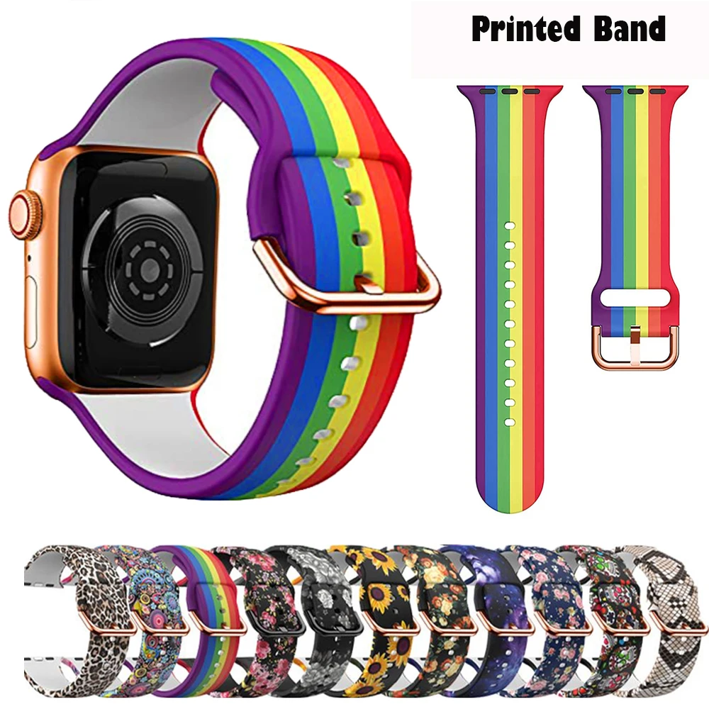 Bracelet de sport imprimé pour Apple Watch, bracelet en silicone, 44mm, 41mm, 45mm, 42-40mm, iWatch Series 9, 8, 7, 6, 5, 4, 3, Se Ultra 2, 49mm